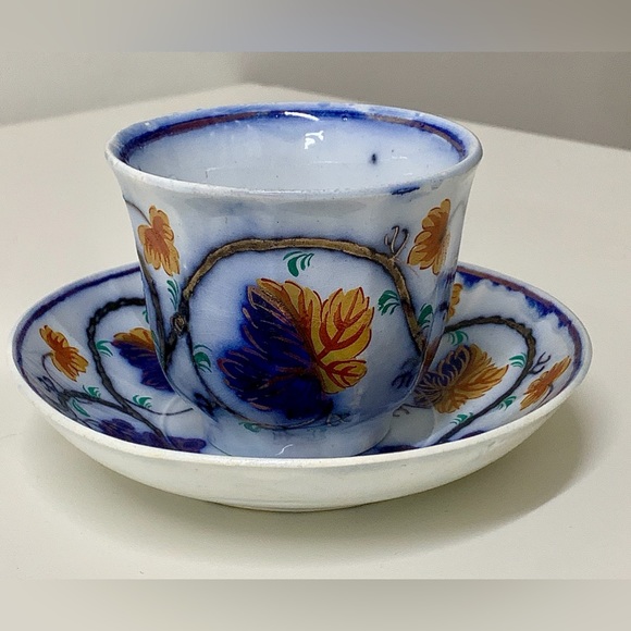 19th Century Vtg Gaudy Welsh Blackberry Pattern Handleless Teacup & Saucer Set - Picture 14 of 15